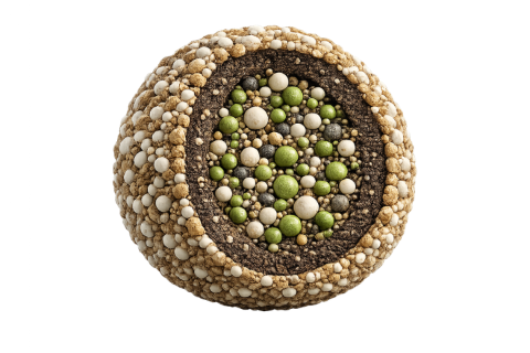 Corte transversal de un gránulo AGROSAS: capa mineral, materia orgánica y núcleo nutricional