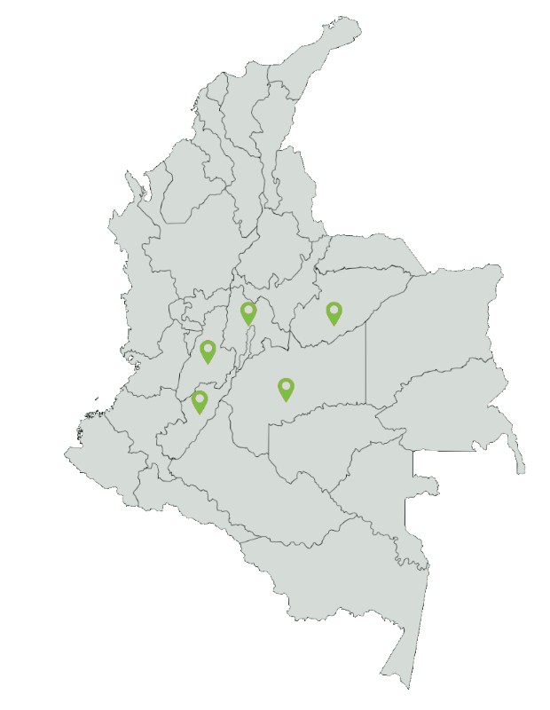Mapa de cobertura de Agro Orgánicos S.A.S. en Colombia: Casanare, Meta, Tolima, Huila y Cundinamarca